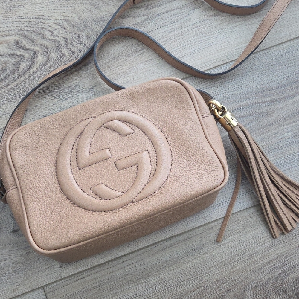 Gucci Tan Crossbody Bag with Iconic GG Logo and Tassel